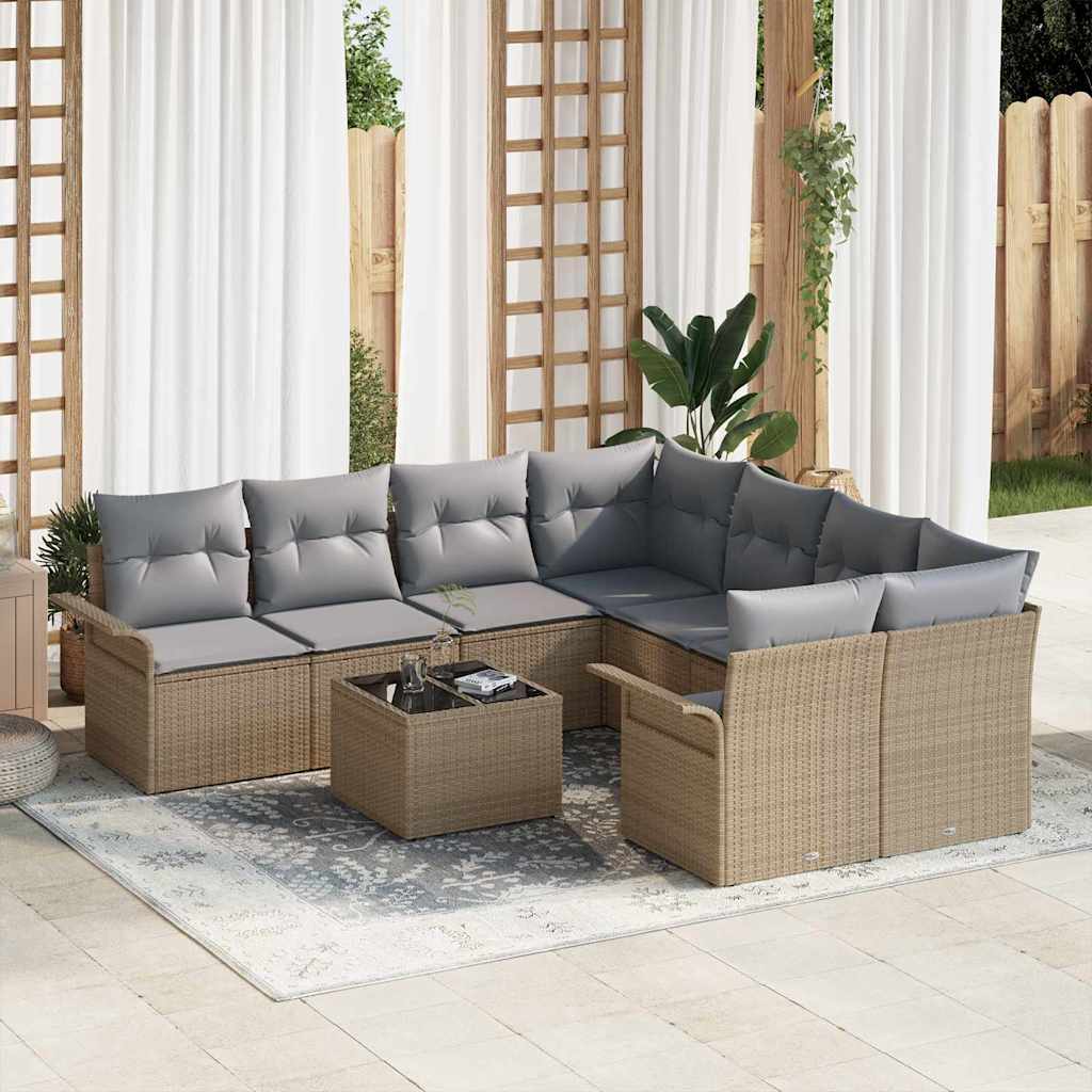 Gartensofa-set mit Kissen 9 pcs Beige und Grau Poly-Rattan
