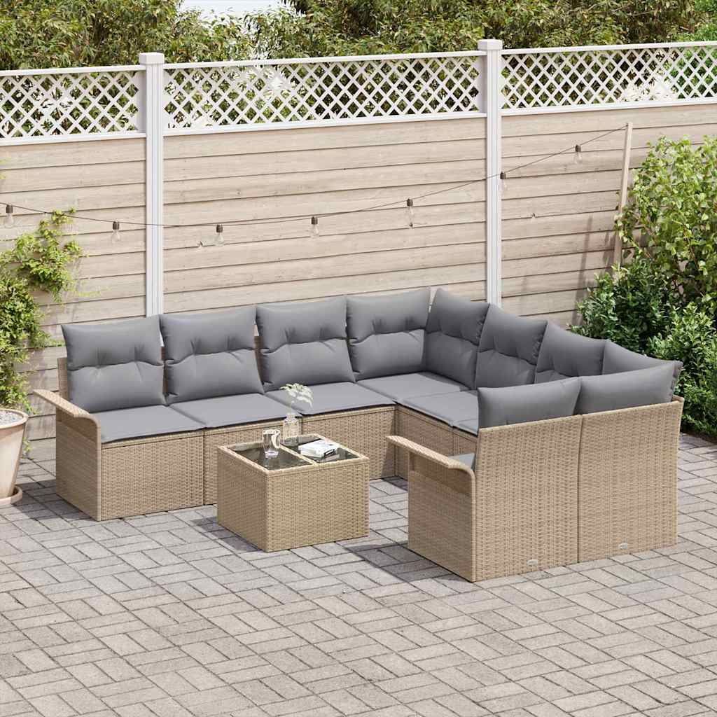 Gartensofa-set mit Kissen 9 pcs Beige und Grau Poly-Rattan