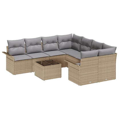 Gartensofa-set mit Kissen 9 pcs Beige und Grau Poly-Rattan
