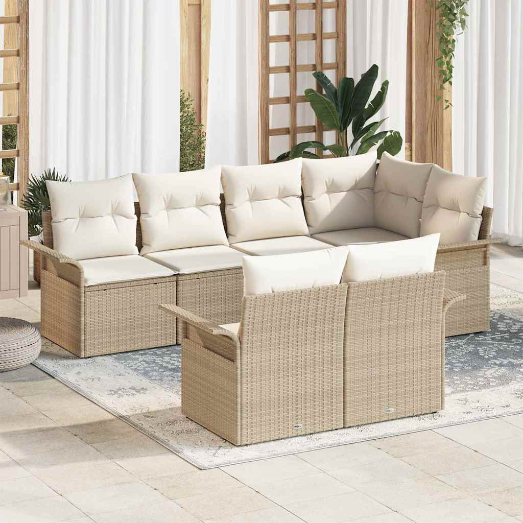 Garten-Sofa-Set mit Kissen mit Speicher 7 pcs Beige Poly Rattan