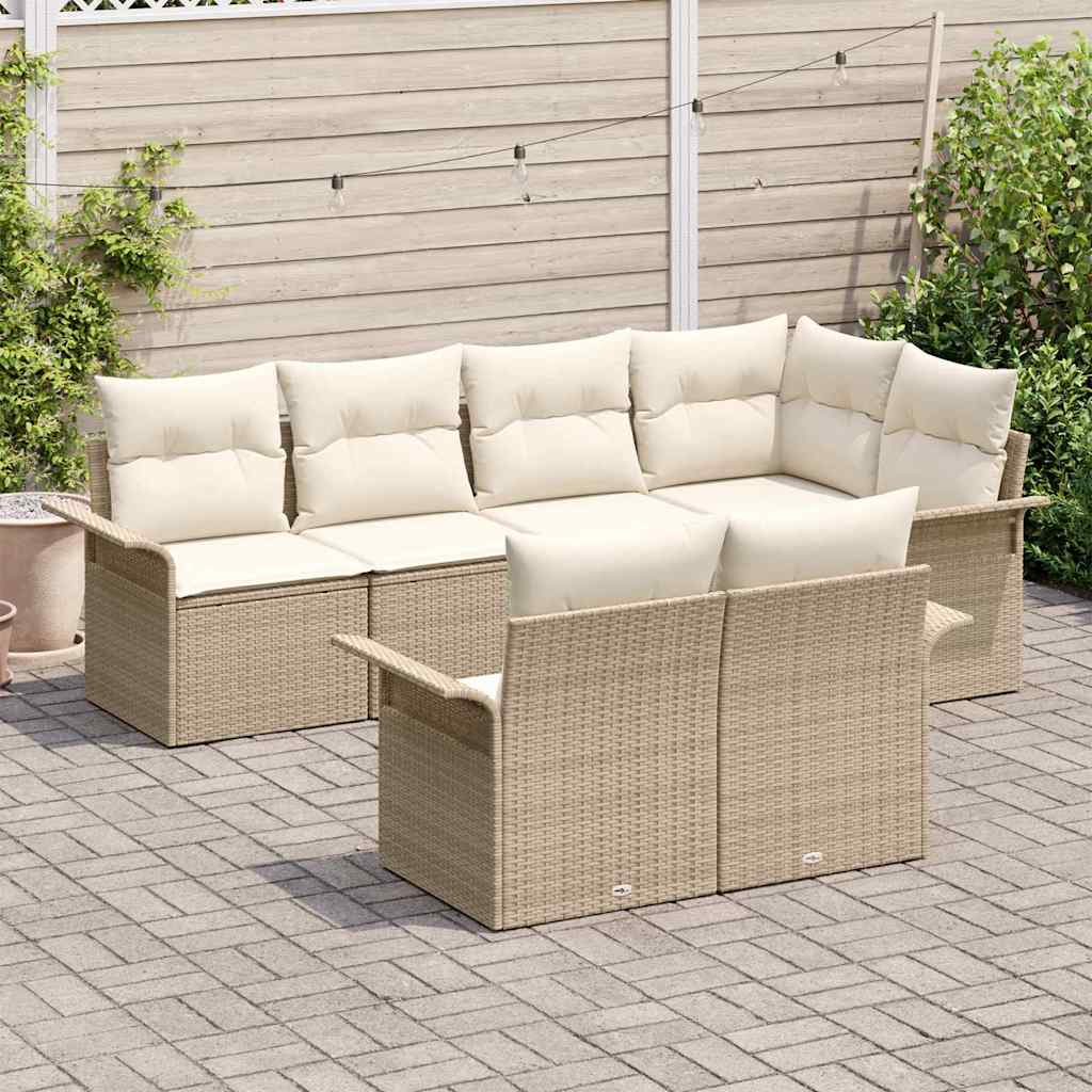 Garten-Sofa-Set mit Kissen mit Speicher 7 pcs Beige Poly Rattan