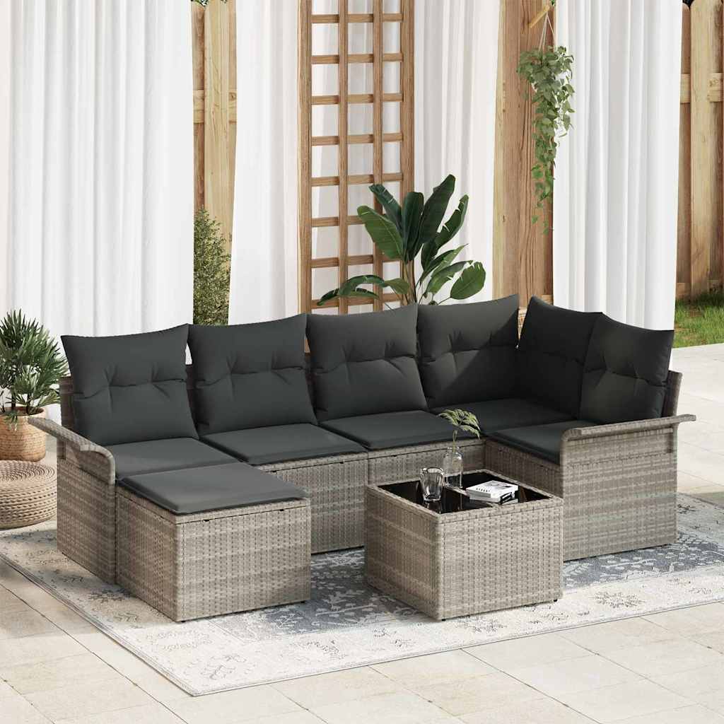 Gartensofa-set mit Speicher 7 pcs Hellgrau Poly-Rattan