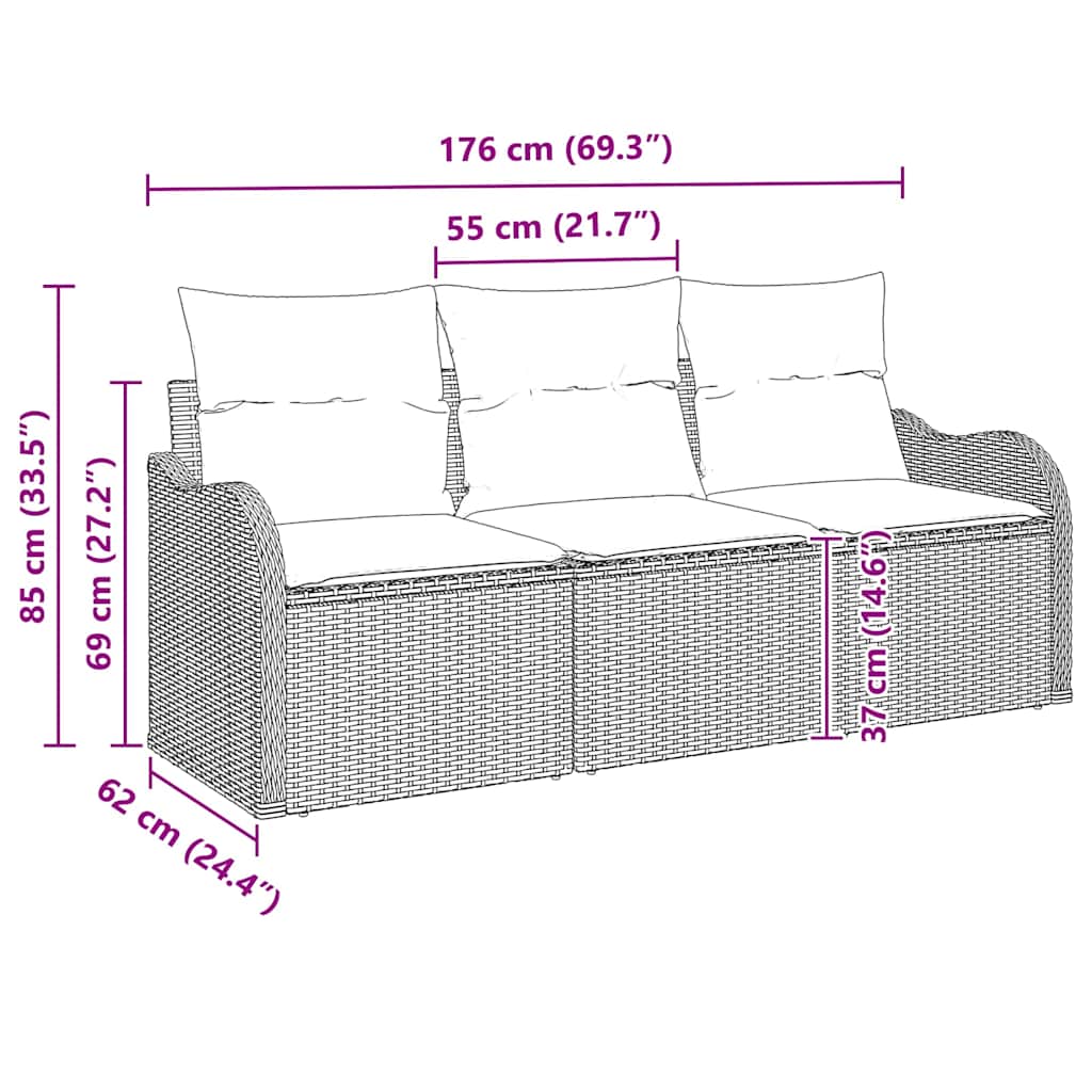 Garten-Sofa-Set mit Kissen 3 pcs Schwarz Poly Rattan