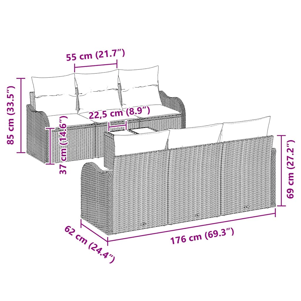 Garten-Sofa-Set 7 pcs Grau Poly-Rattan und Stahl und Glas