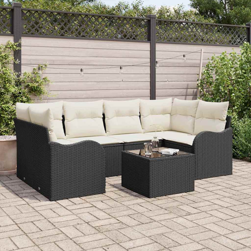 Garten-Sofa-Set mit Kissen mit Speicher 7 pcs Schwarz und Creme