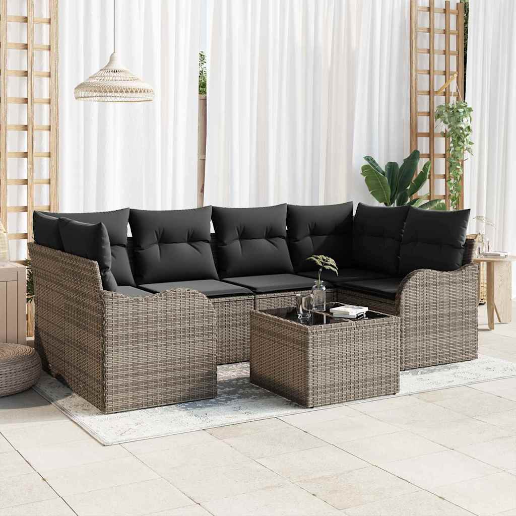 vidaXL Salon de jardin 7 pcs Gris Résine tressée et acier et verre