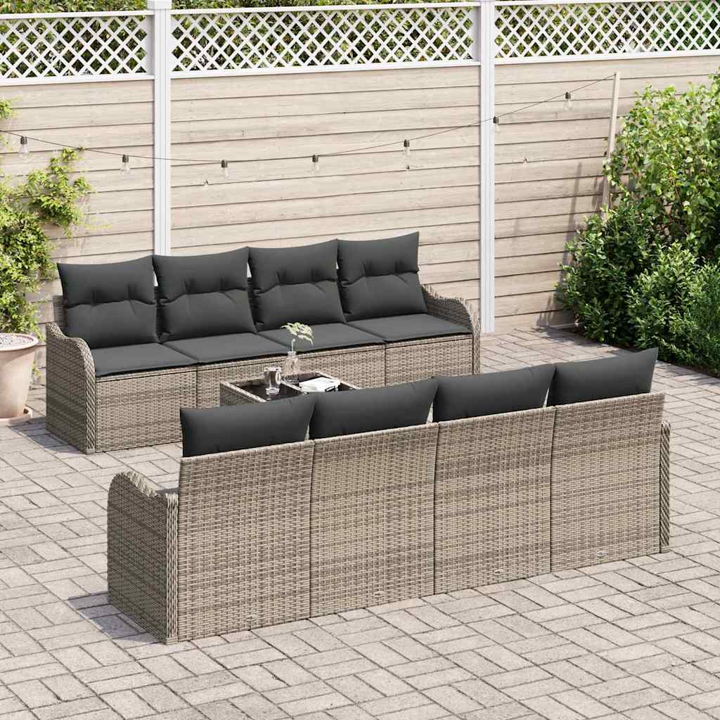 Gartensofa-set 9 pcs Grau Poly-Rattan und Stahl und Glas