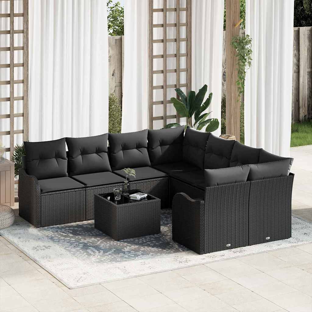 Gartensofa-set 9 pcs Schwarz Poly-Rattan und Stahl und Glas
