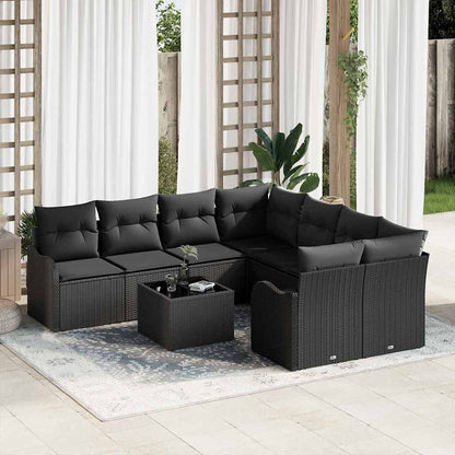 Gartensofa-set 9 pcs Schwarz Poly-Rattan und Stahl und Glas