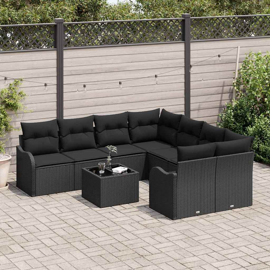 Gartensofa-set 9 pcs Schwarz Poly-Rattan und Stahl und Glas
