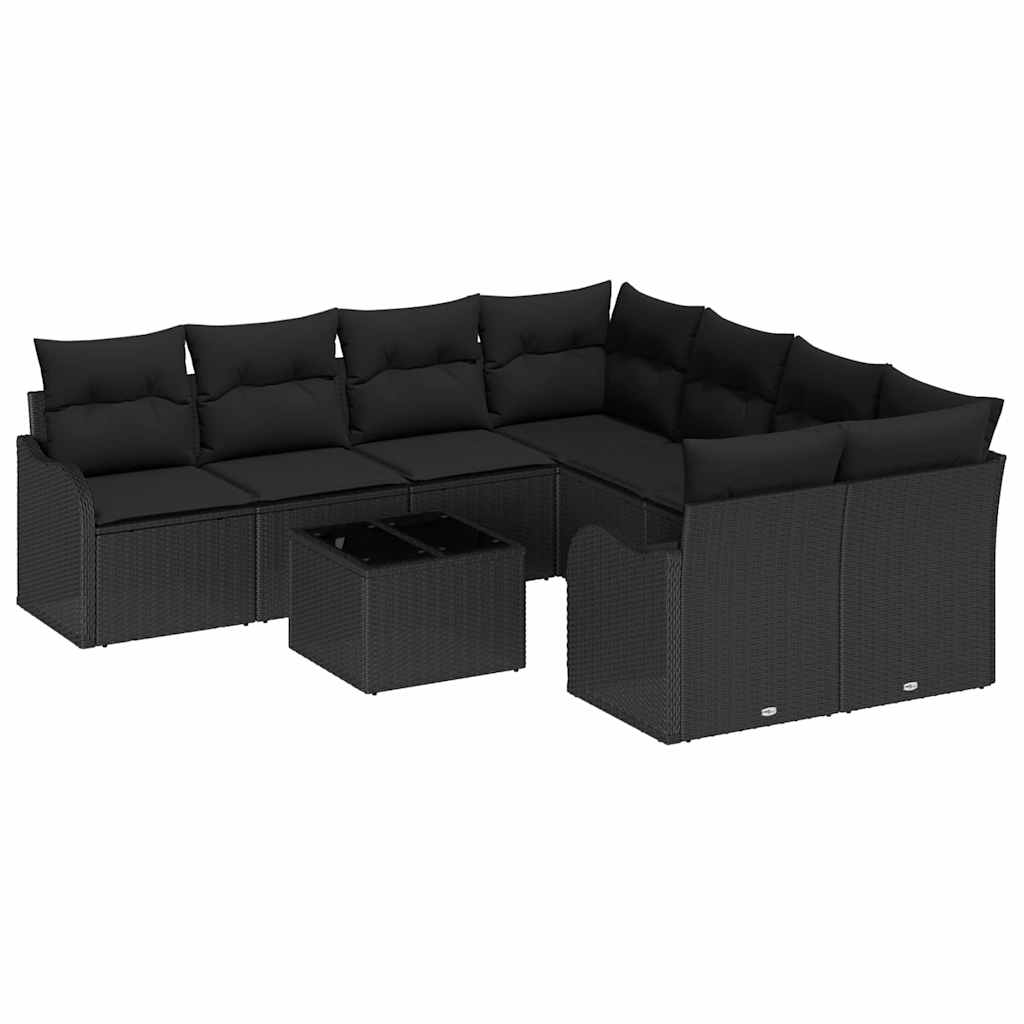 Gartensofa-set 9 pcs Schwarz Poly-Rattan und Stahl und Glas