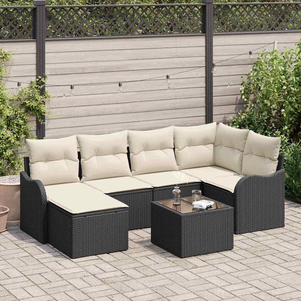 vidaXL Garten-Sofa-Set mit Kissen 7 pcs Schwarz und Weiß Poly Rattan
