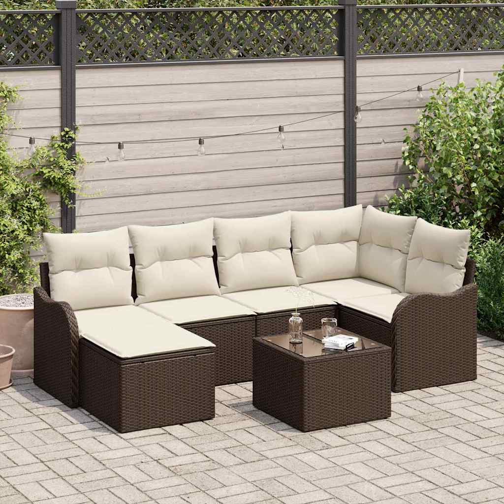 vidaXL Garten-Sofa-Set mit Kissen 7 pcs Braun und Weiß Poly Rattan