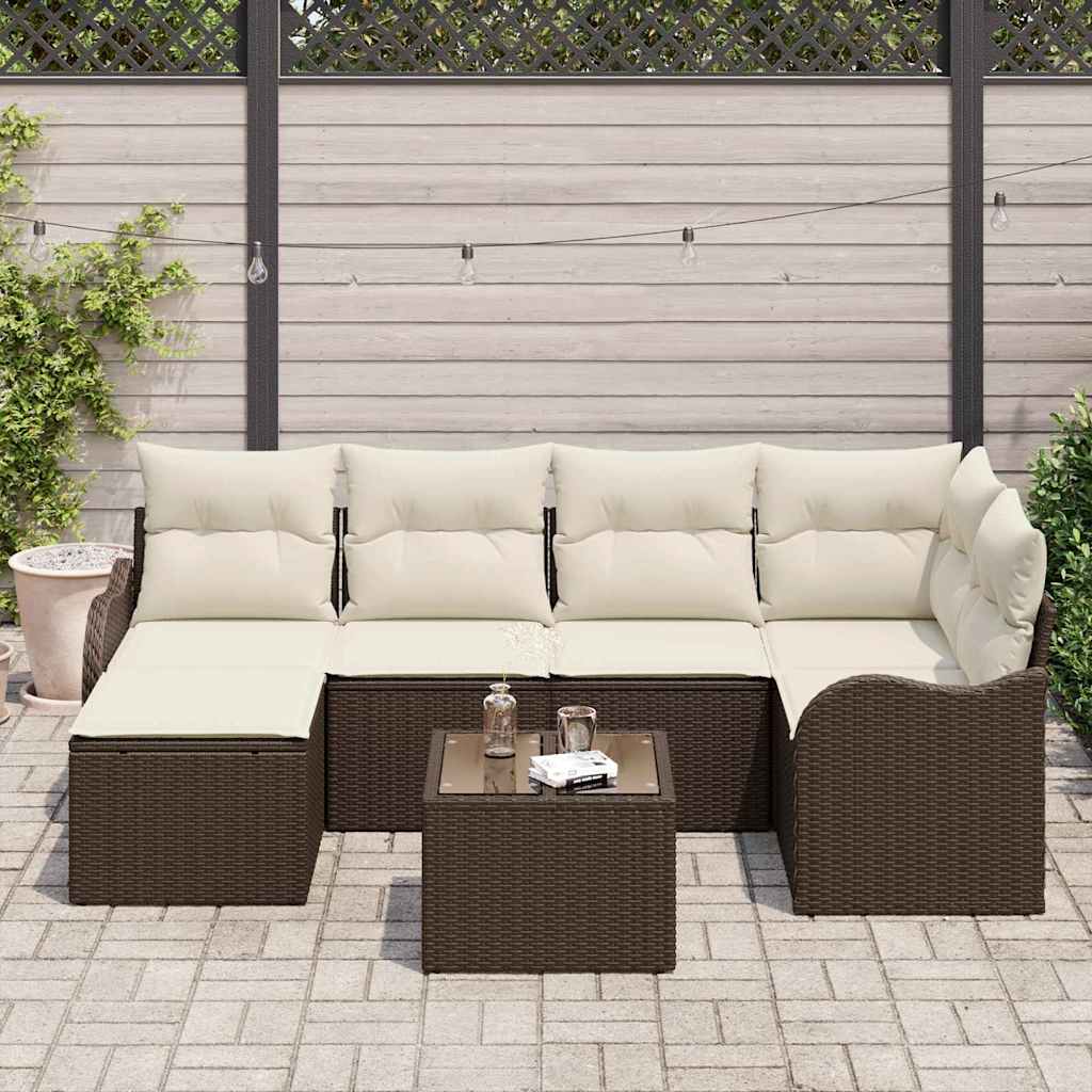 vidaXL Garten-Sofa-Set mit Kissen 7 pcs Braun und Weiß Poly Rattan