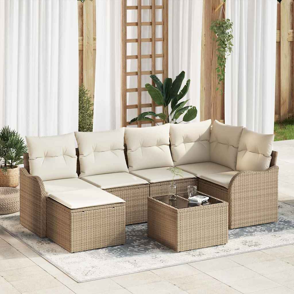 vidaXL Garten-Sofa-Set mit Kissen 7 pcs Beige und Weiß Poly Rattan