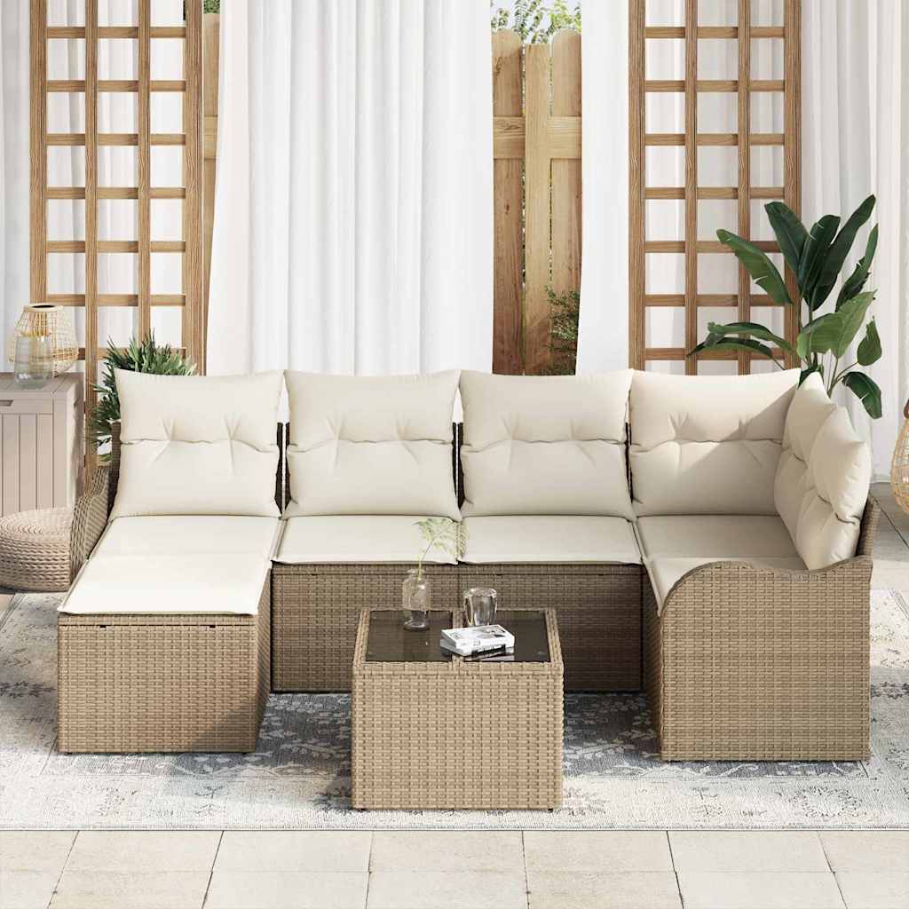 vidaXL Garten-Sofa-Set mit Kissen 7 pcs Beige und Weiß Poly Rattan