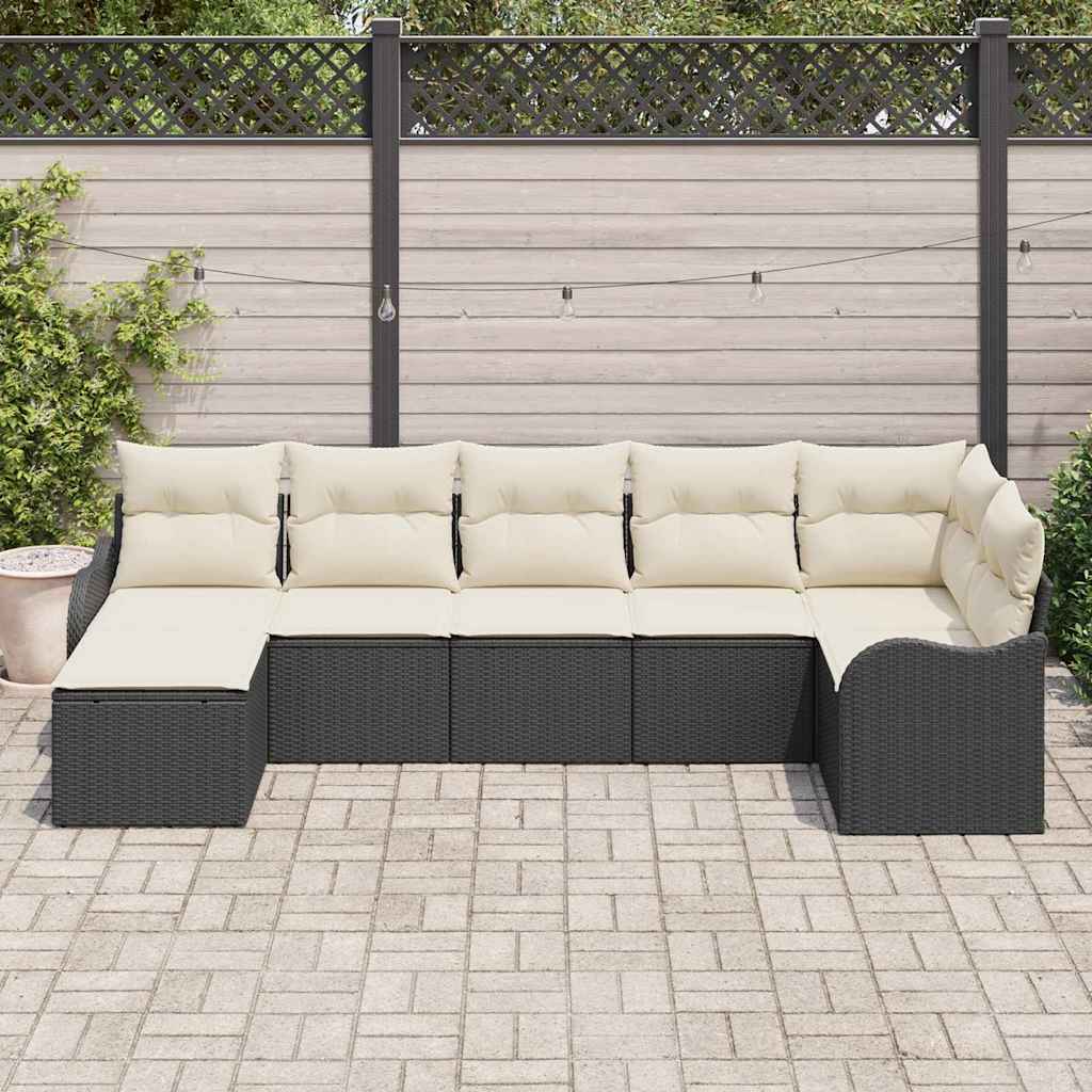 vidaXL Garten-Sofa-Set mit Kissen 7 pcs Schwarz und Weiß Poly Rattan