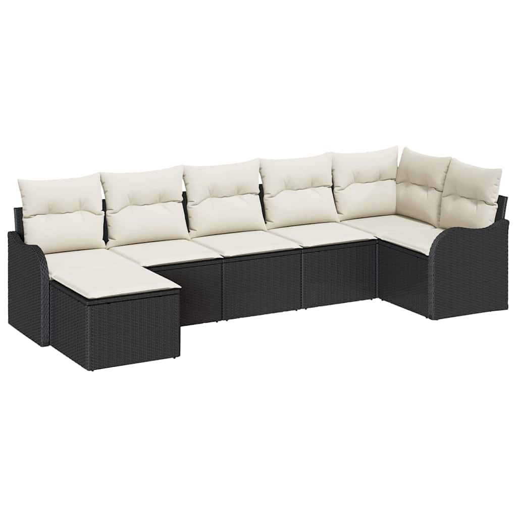 vidaXL Garten-Sofa-Set mit Kissen 7 pcs Schwarz und Weiß Poly Rattan