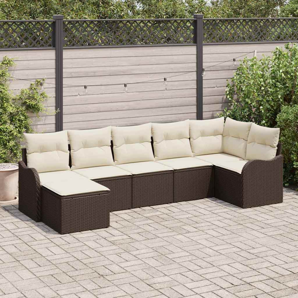 vidaXL Garten-Sofa-Set mit Kissen 7 pcs Braun und Weiß Poly Rattan