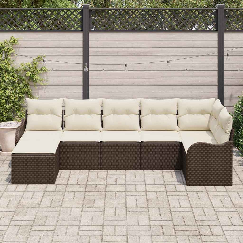 vidaXL Garten-Sofa-Set mit Kissen 7 pcs Braun und Weiß Poly Rattan