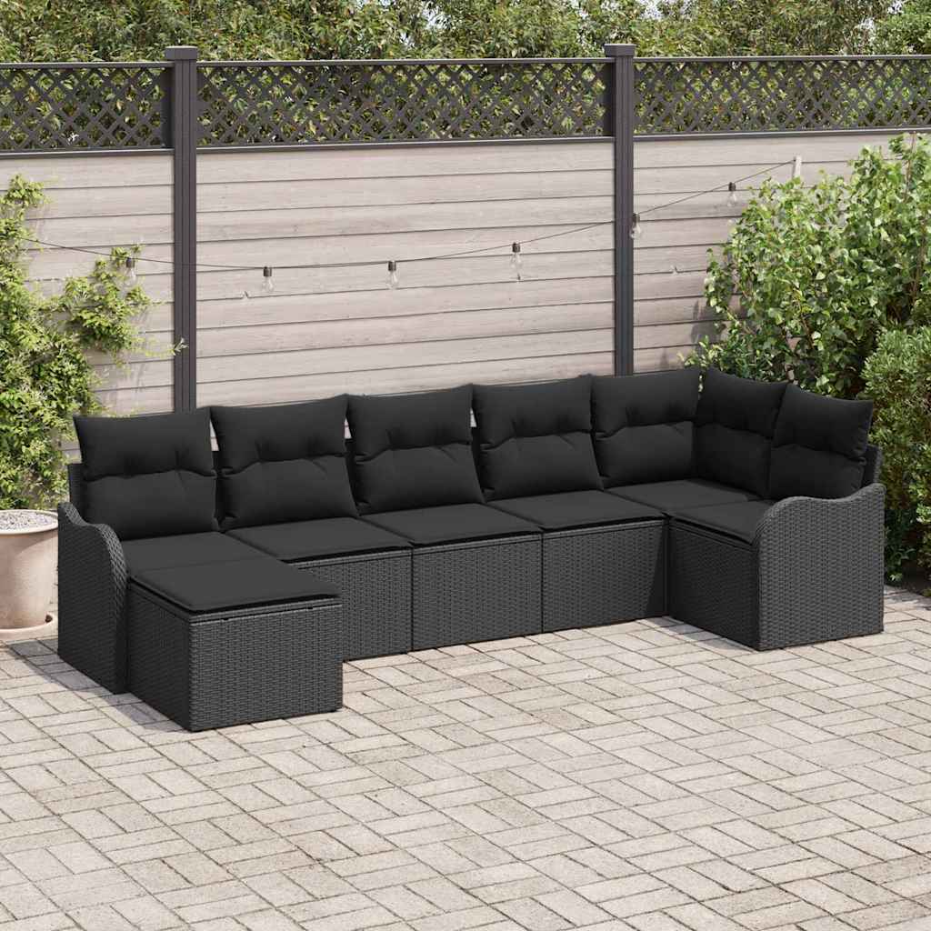 Garten-Sofa-Set mit Kissen 7 pcs Schwarz Poly Rattan