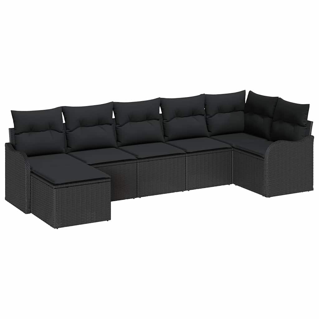 Garten-Sofa-Set mit Kissen 7 pcs Schwarz Poly Rattan