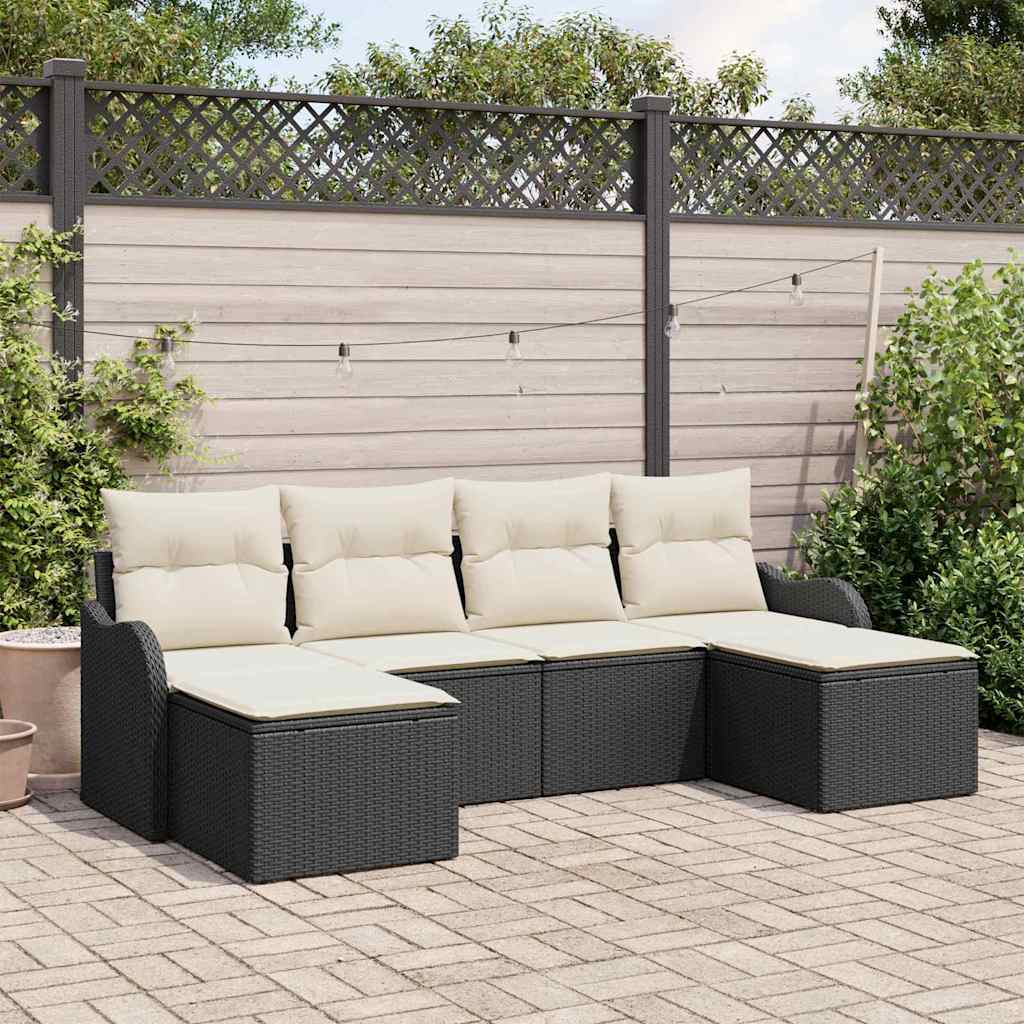 Garten-Sofa-Set mit Kissen 6 pcs Schwarz und Weiß Poly Rattan