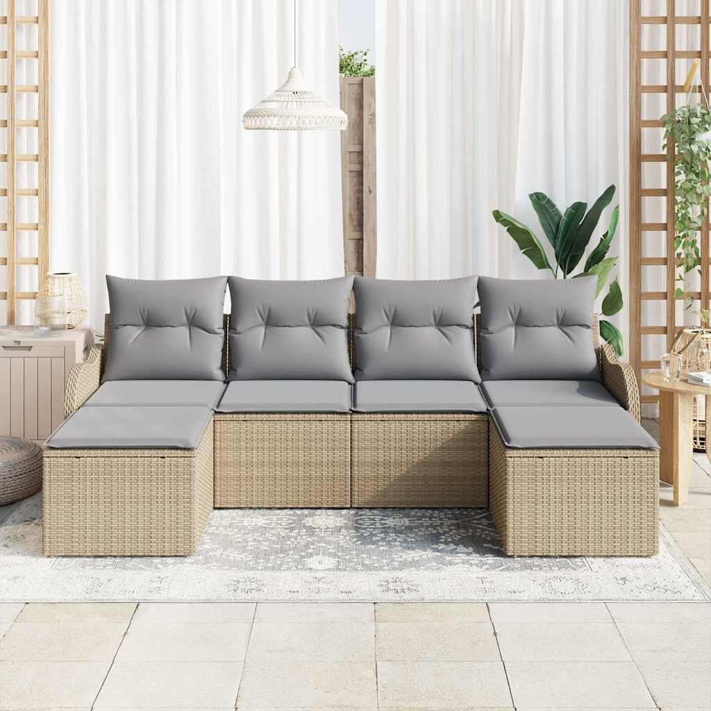 Garten-Sofa-Set mit Kissen 6 pcs Beige und Hellgrau Poly Rattan