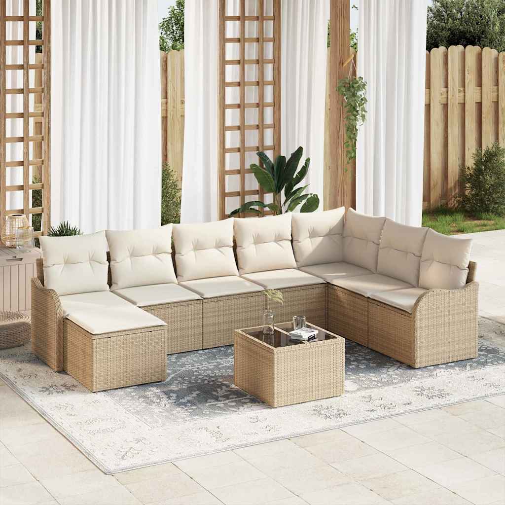 Garten-Sofa-Set mit Kissen 9 pcs Beige und Weiß Poly Rattan