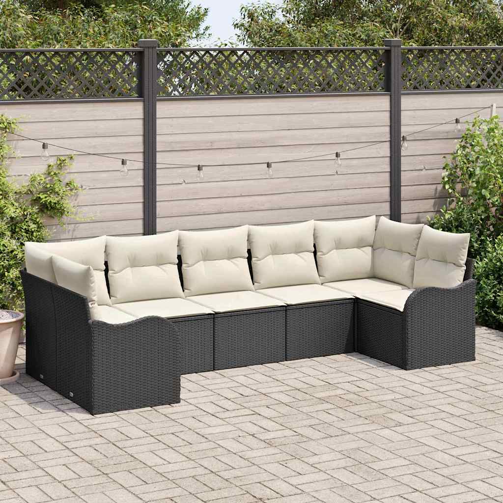 vidaXL Garten-Sofa-Set mit Kissen 7 pcs Schwarz und Weiß Poly Rattan