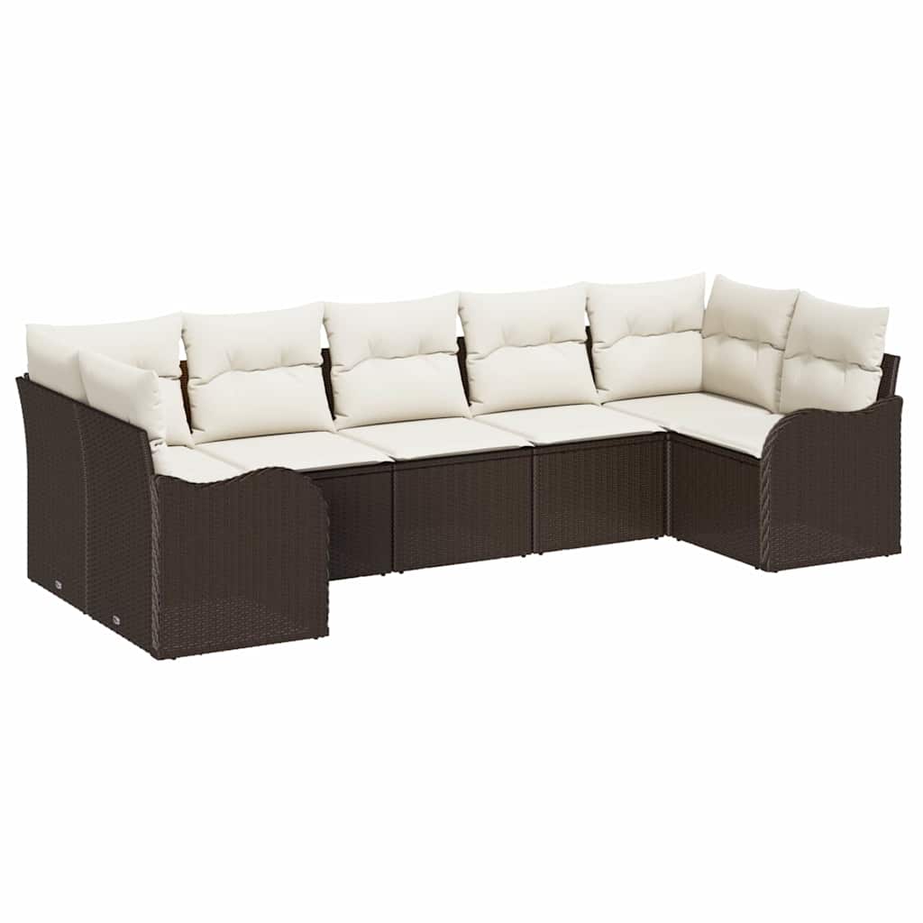 Garten-Sofa-Set mit Kissen 7 pcs Braun und Weiß Poly Rattan