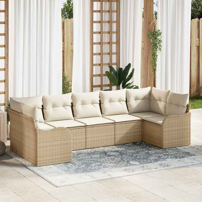 Garten-Sofa-Set mit Kissen 7 pcs Beige und Weiß Poly Rattan
