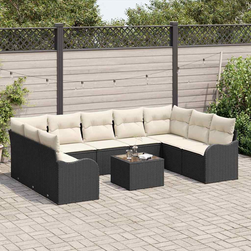 vidaXL Garten-Sofa-Set mit Kissen 10 pcs Schwarz und Weiß Poly Rattan