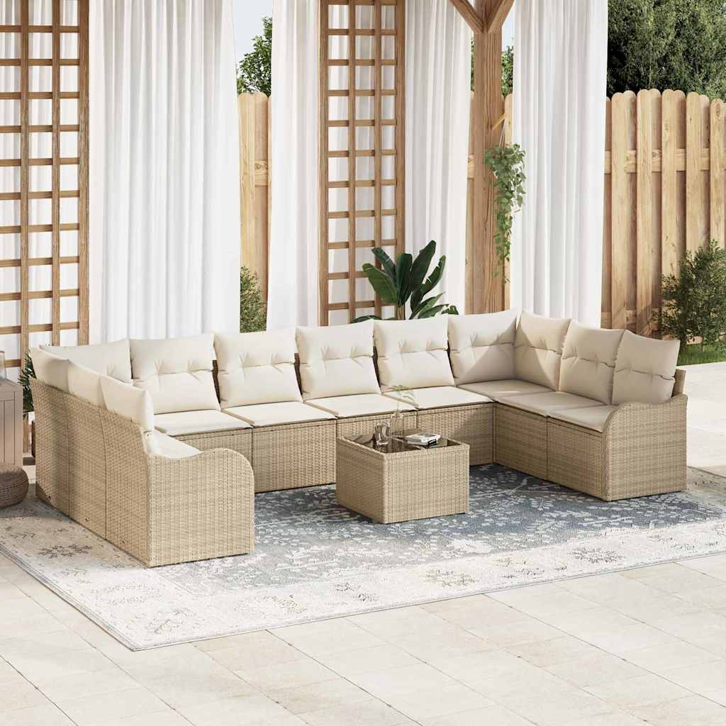 Gartensofa-set mit Speicher 11 pcs Beige und Weiß Poly-Rattan