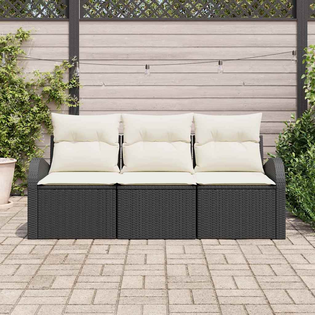 Garten-Sofa-Set mit Kissen 3 pcs Schwarz und Weiß Poly Rattan