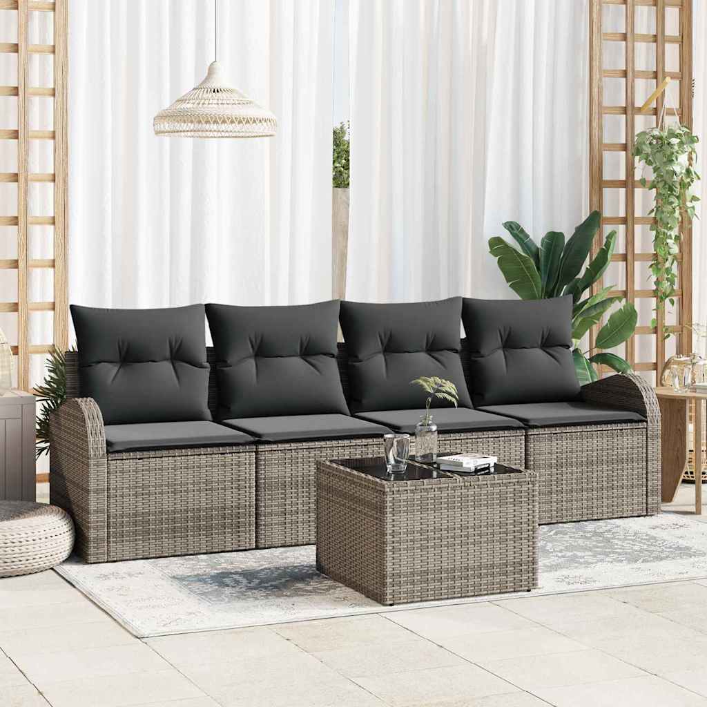 Garten-Sofa-Set 5 pcs Grau Poly-Rattan und Stahl und Glas