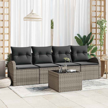 Garten-Sofa-Set 5 pcs Grau Poly-Rattan und Stahl und Glas