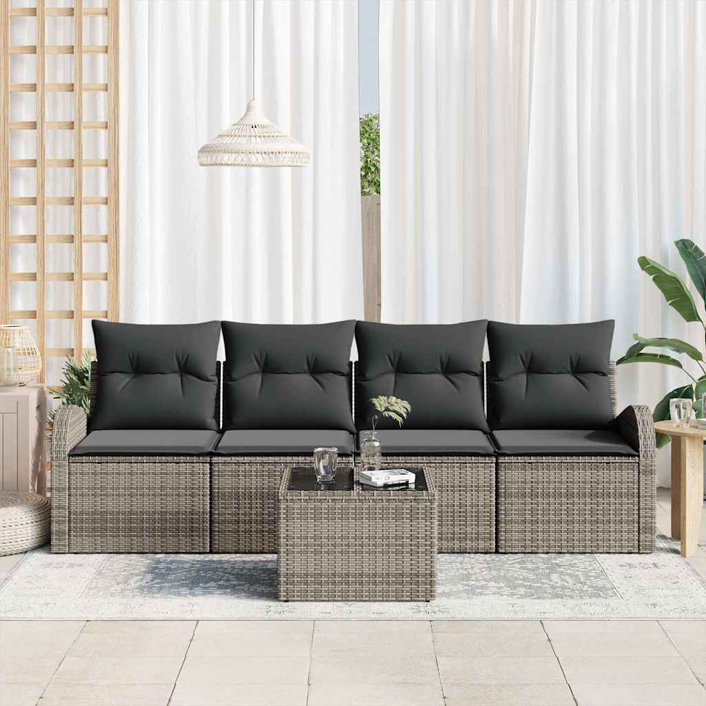 Garten-Sofa-Set 5 pcs Grau Poly-Rattan und Stahl und Glas