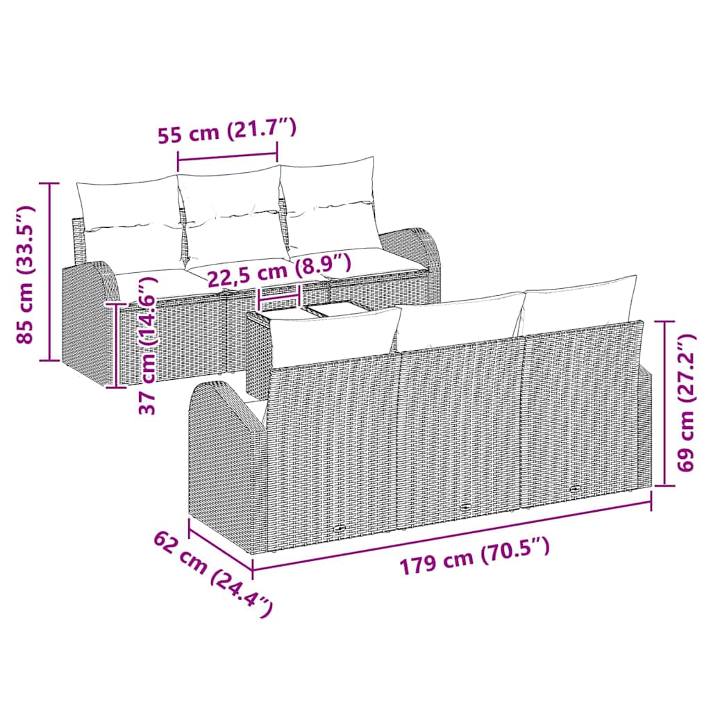vidaXL Garten-Sofa-Set 7 pcs Schwarz Poly-Rattan und Stahl und Glas