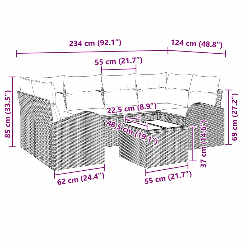 vidaXL Garten-Sofa-Set mit Kissen mit Speicher 7 pcs Braun und Creme