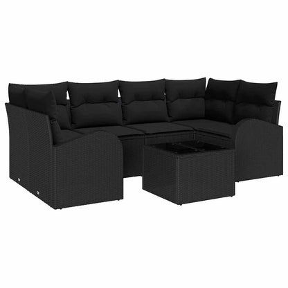 Garten-Sofa-Set 7 pcs Schwarz Poly-Rattan und Stahl und Glas