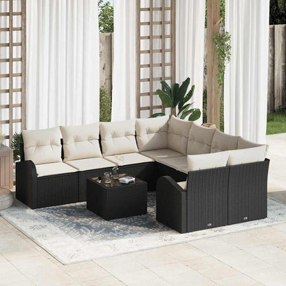 Sofa Set mit Kissen 9 pcs Schwarz und Creme Poly-Rattan