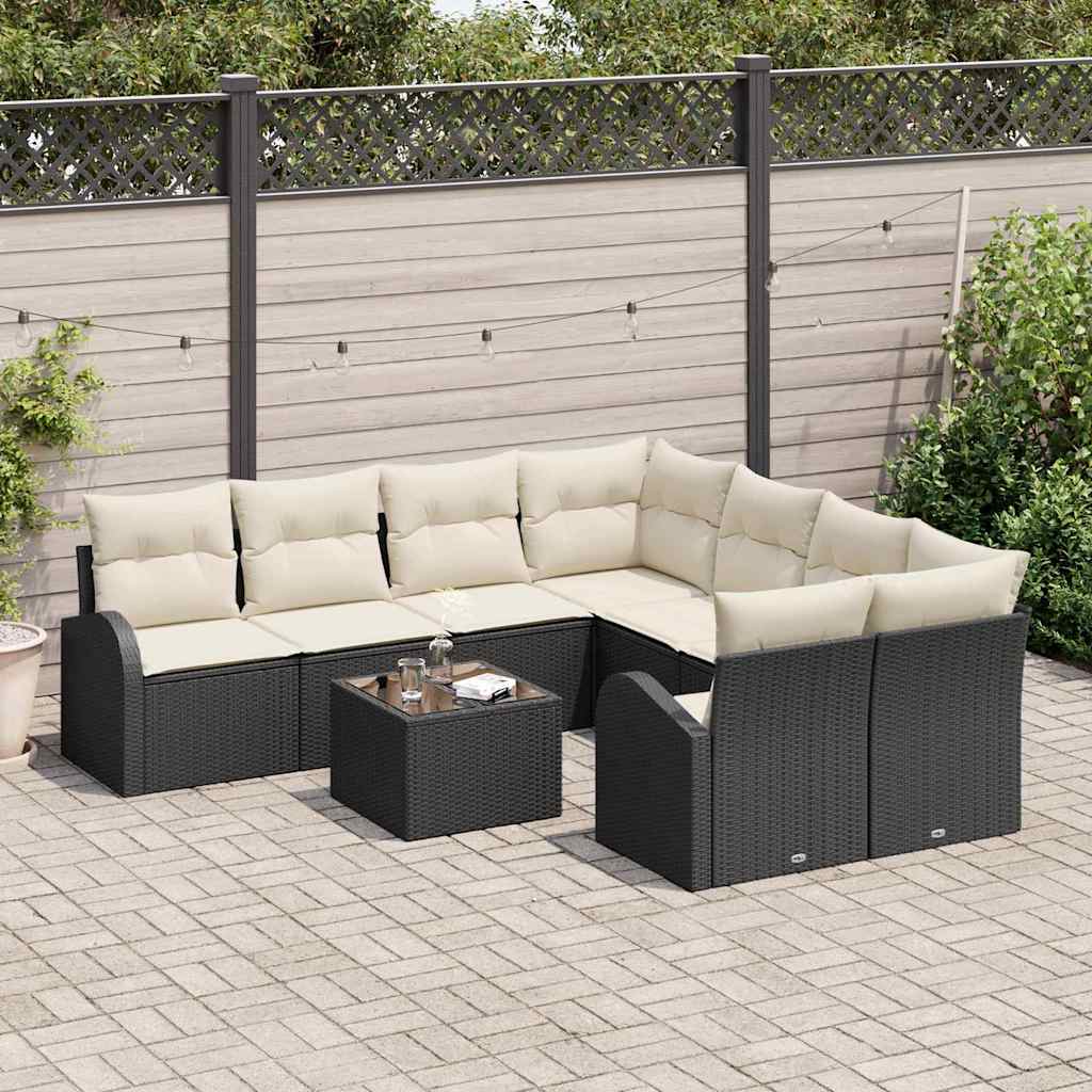 Sofa Set mit Kissen 9 pcs Schwarz und Creme Poly-Rattan