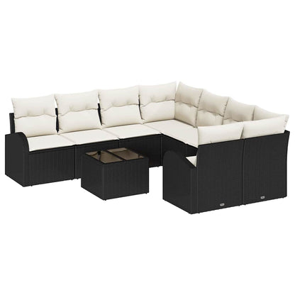 Sofa Set mit Kissen 9 pcs Schwarz und Creme Poly-Rattan