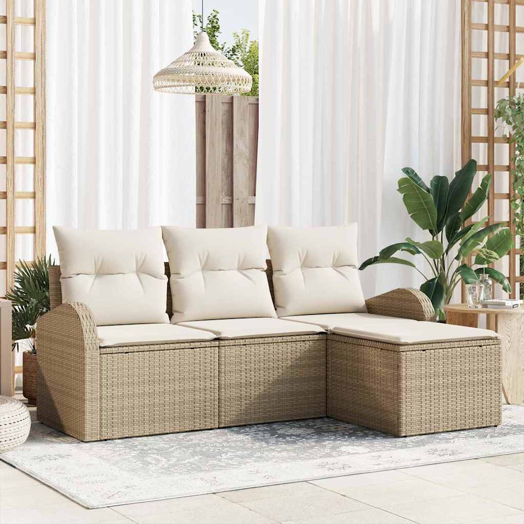 Sofa Set mit Kissen 4 pcs Beige und Weiß Poly-Rattan