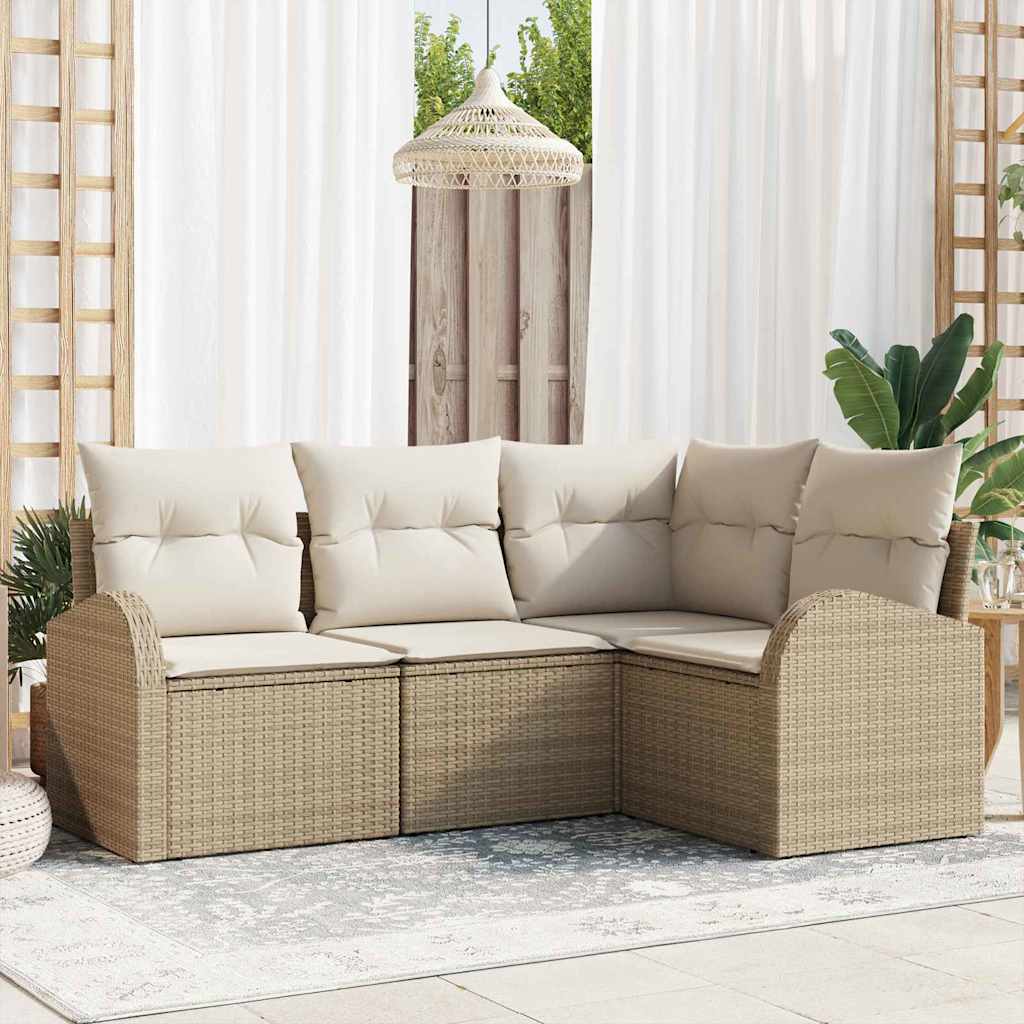 Gartensofa-set mit Kissen 4 pcs Beige und Weiß Poly-Rattan