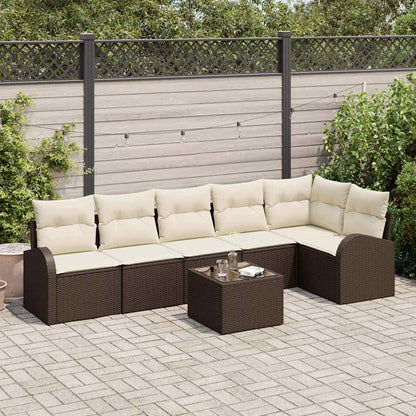 Gartensofa-set mit Kissen 7 pcs Braun und Weiß Poly-Rattan