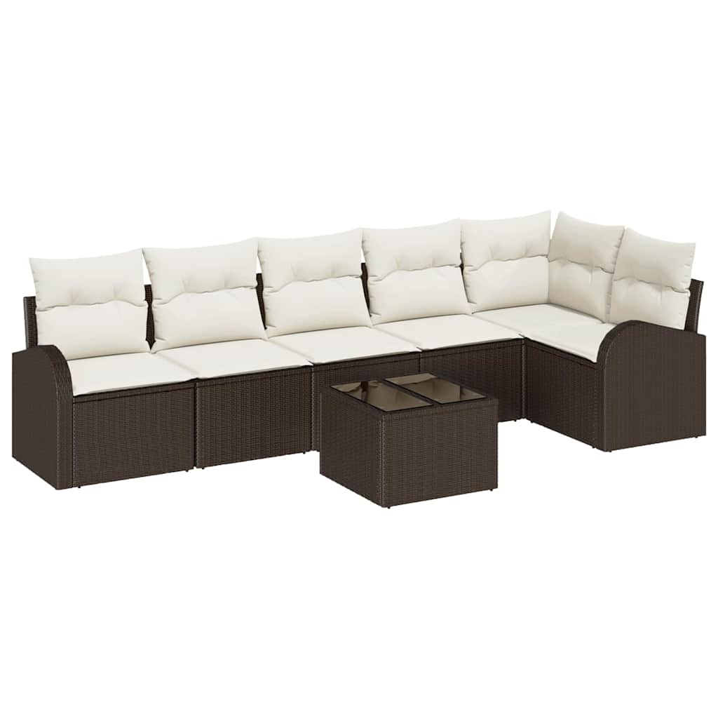 Gartensofa-set mit Kissen 7 pcs Braun und Weiß Poly-Rattan