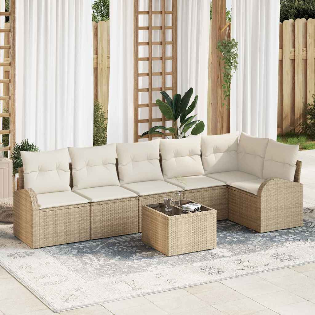 Gartensofa-set mit Kissen 7 pcs Beige und Weiß Poly-Rattan