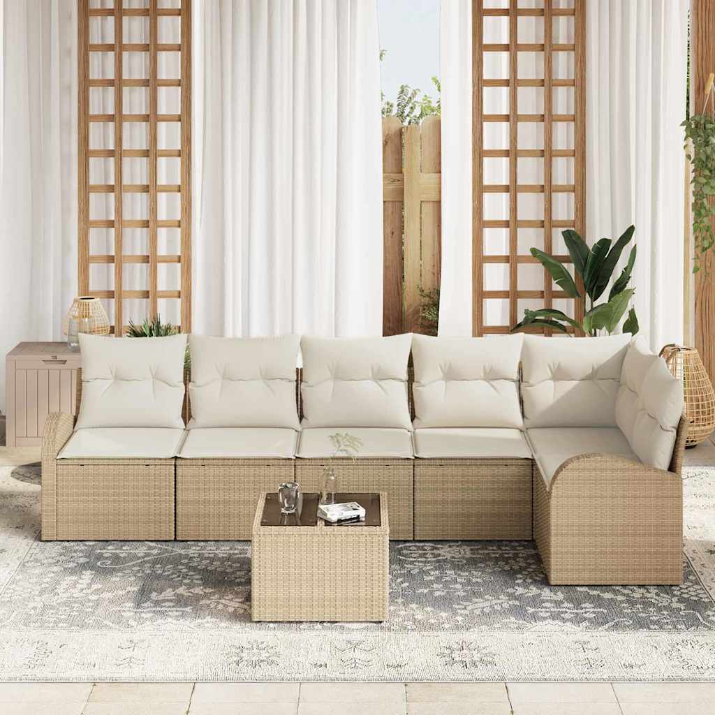 Gartensofa-set mit Kissen 7 pcs Beige und Weiß Poly-Rattan